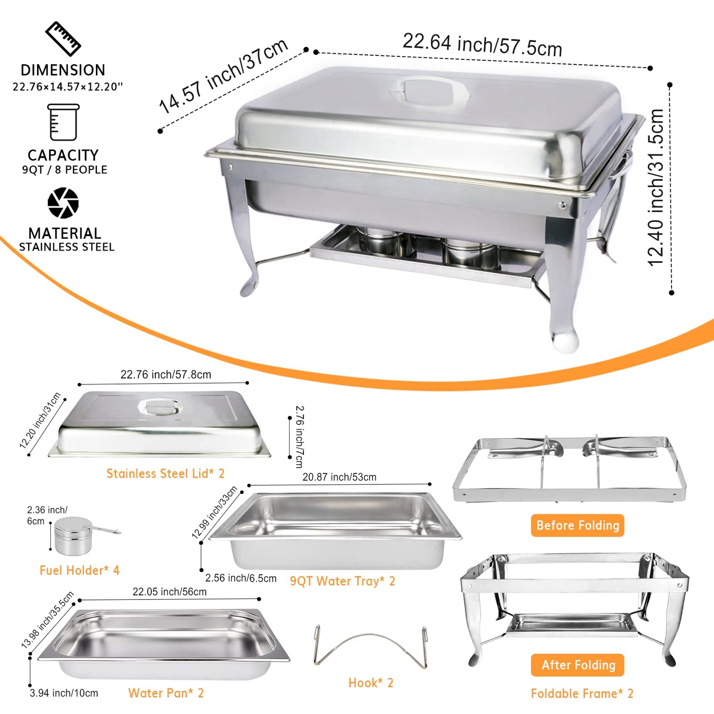 NEW Chafing Dish 9QT 2 PACK Stainless Steel food wamer folding leg chafer Hotel chafing dish 1/1 Buffet Set Foldable Chafer, Chafing dish Set with Fuel Holder, Chafing Servers with cover Food Clip
