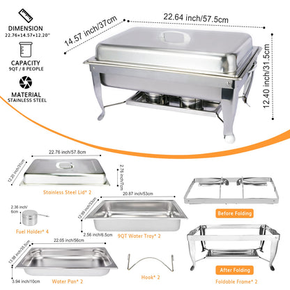 NEW Chafing Dish 9QT 2 PACK Stainless Steel food wamer folding leg chafer Hotel chafing dish 1/1 Buffet Set Foldable Chafer, Chafing dish Set with Fuel Holder, Chafing Servers with cover Food Clip