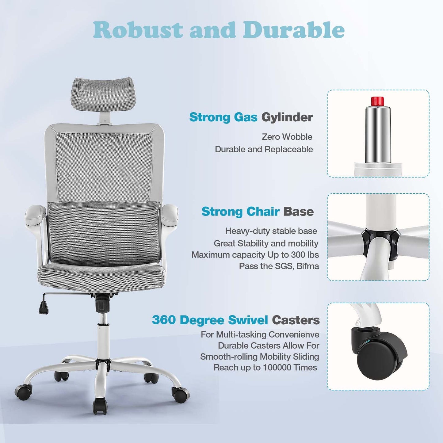 JHK Ergonomic High Back Mesh Lumbar Adjustable Height Rolling Swivel Computer Task Home Office Chairs with Support Armrest for Adults, Light Gray