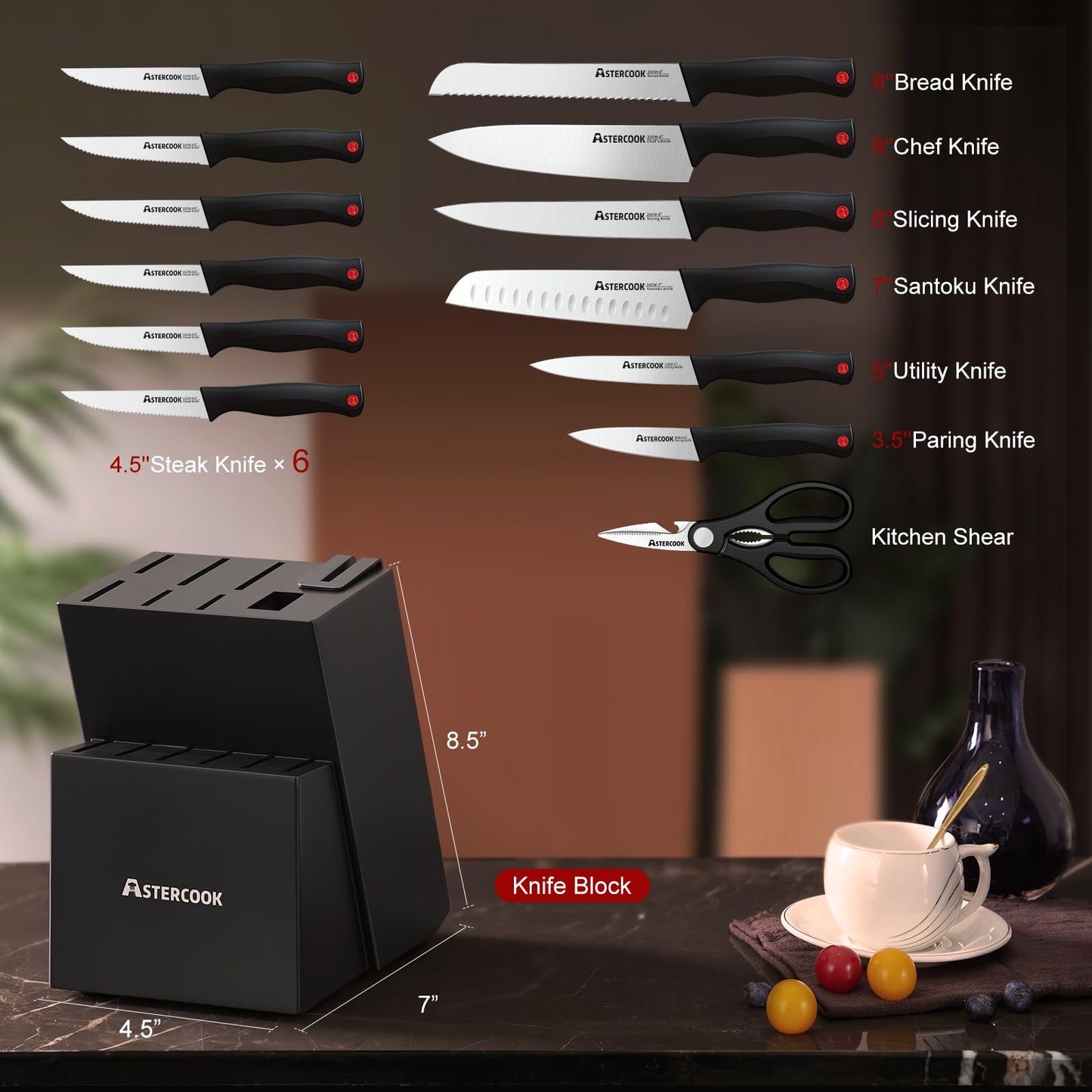 Astercook Kitchen Knife Set, 15 Pieces knives Set with Built-in Sharpener, High Carbon German Stainless Steel Chef Knife Block Sets, Sharp & Rust Resistant Dishwasher Safe Black