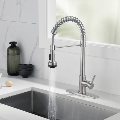 Rainovo Kitchen Faucet Brushed Nickel with 4 Mode Pull Down Sprayer, Kitchen Spring Faucet Stainless Steel with Duo-aquablade Function, Single Handle faucets High Arc Modern with Pull Out Sprayer