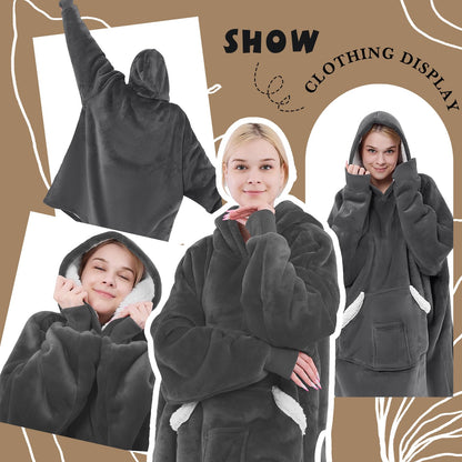NORD ECO Wearable Blanket Hoodie,Oversized Sherpa Fleece Hooded Sweatshirt Blanket,Wearable Blanket Hoodie for Adult,Giant Warm&Cozy Blanket Hoodie With Pockets and Sleeves,Gift for Women Mom(Grey)