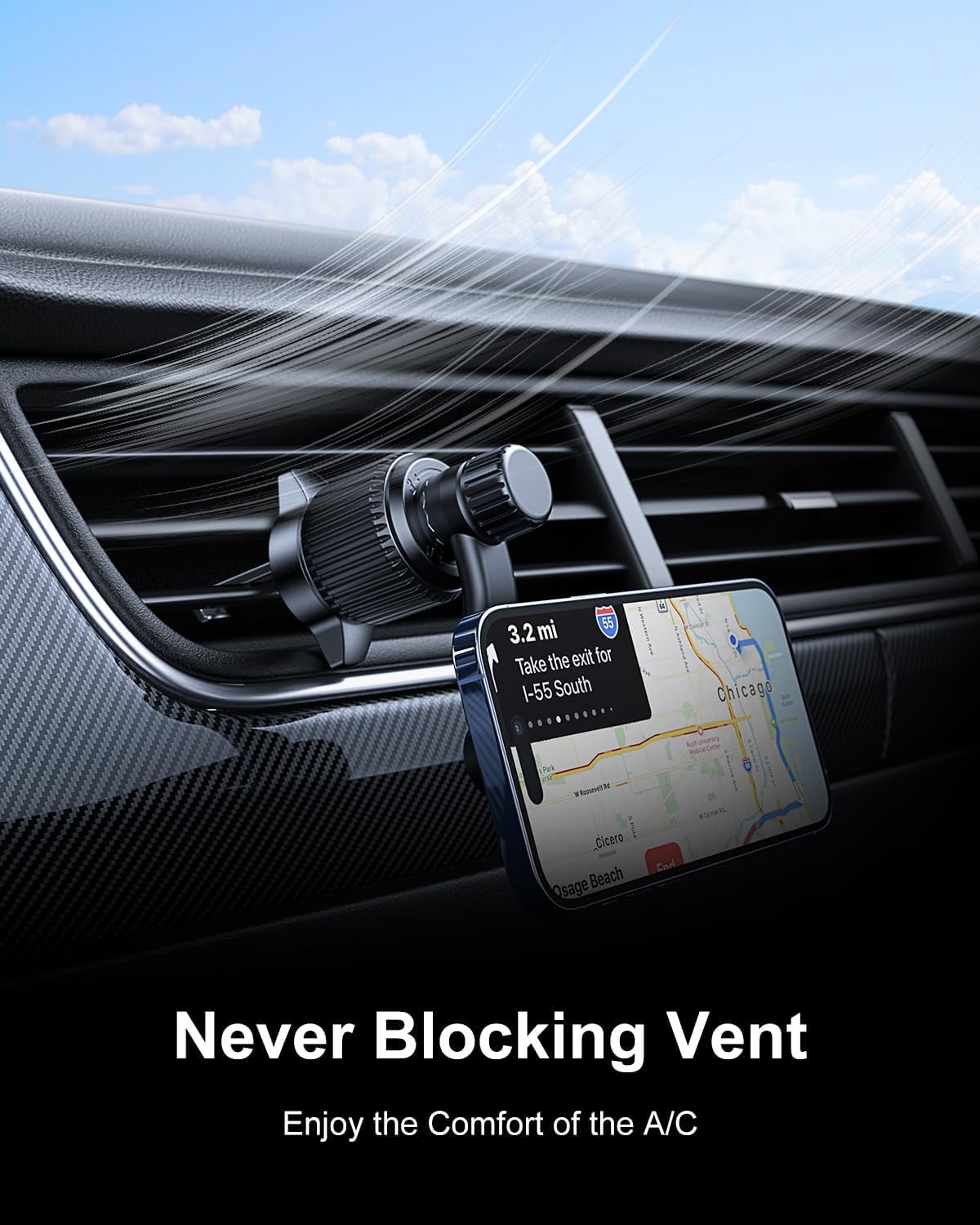 Rorhxia Fits MagSafe Car Mount, [20 Strong Magnets][Never Blocking Vent, Enjoy Comfort of A/C] Magnetic Phone Holder for Car Universal Extension Vent Clip Car Phone Holder Fit for iPhone 15 Pro Max