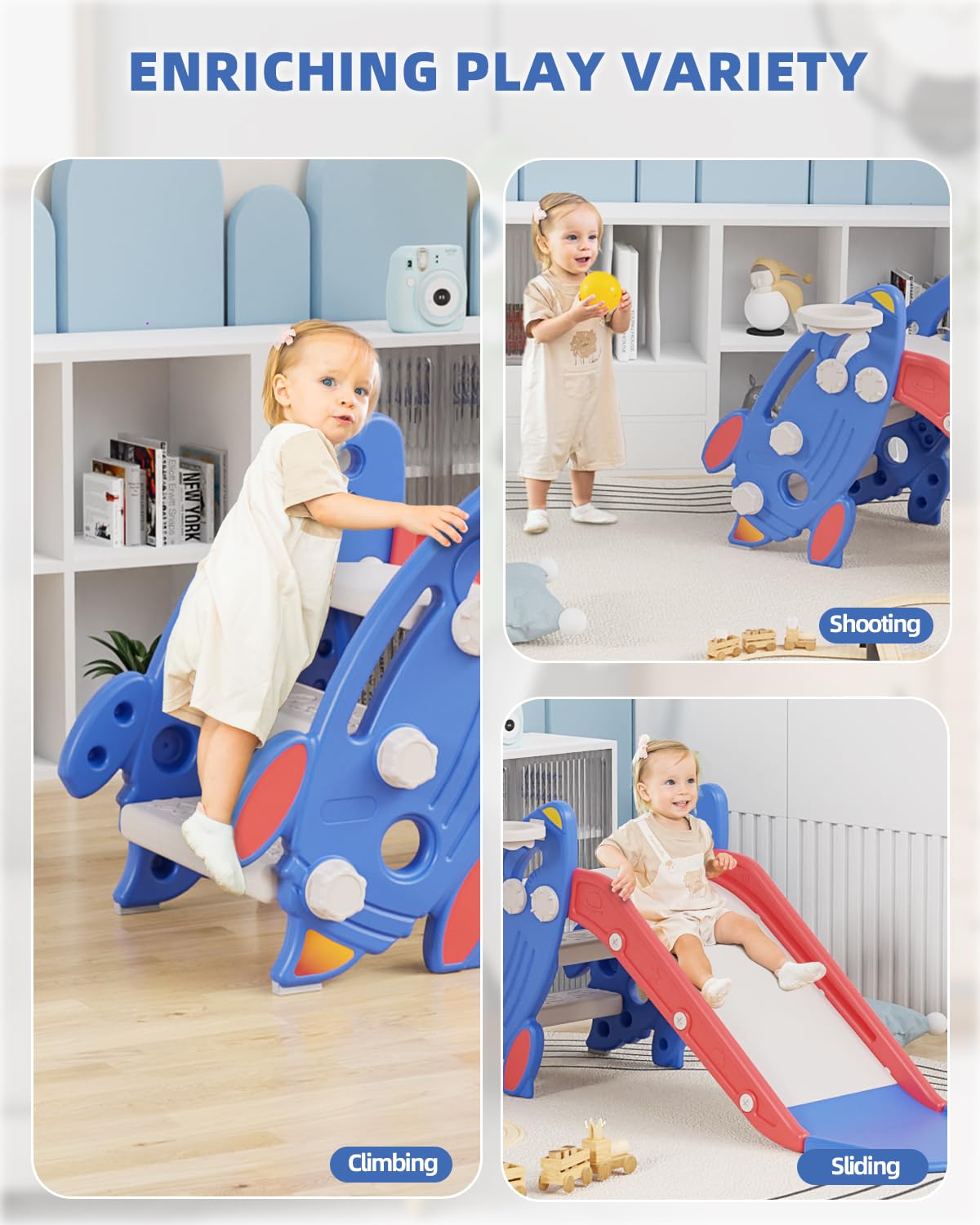SYPEVIN Toddler Slide, Indoor Slide for Toddlers Age 1-3, Freestanding Kids Slide Climber Playset Toys with Basketball Hoop, Ideal Gift for Boys and Girls, Red Blue Rocket