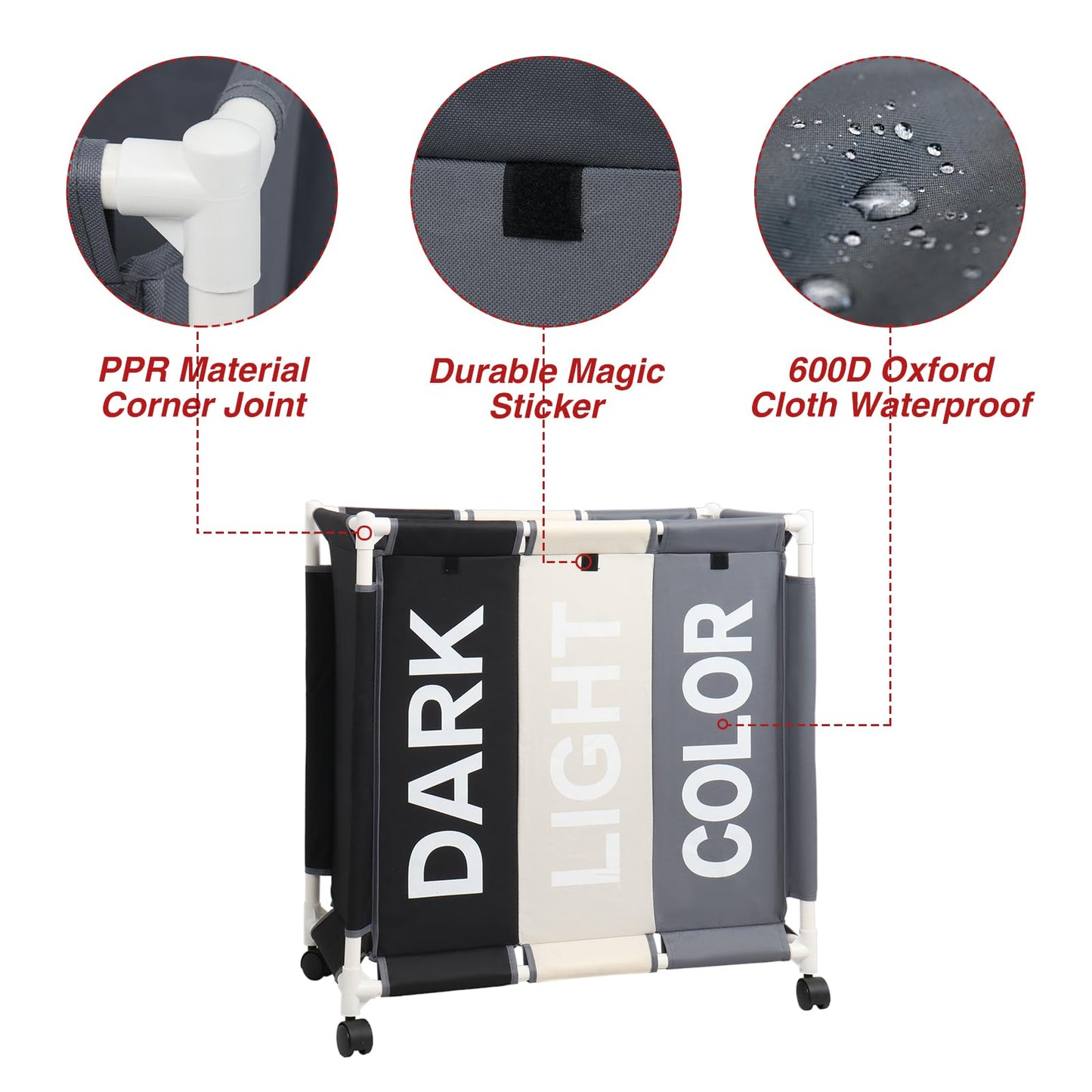 3-Section Laundry Hamper with Rolling Wheels