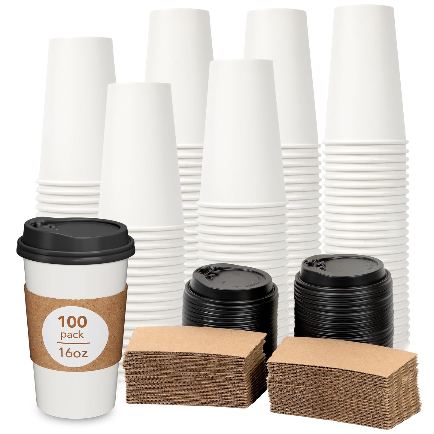 DAILYLIFE 16oz Disposable Coffee Cups with Lids & Sleeves - 100 Pack | Thickened Paper Cups for Hot/Cold Drinks | Leak-Free for Over 7 Days | DIY Customizable for Home, Office, Parties