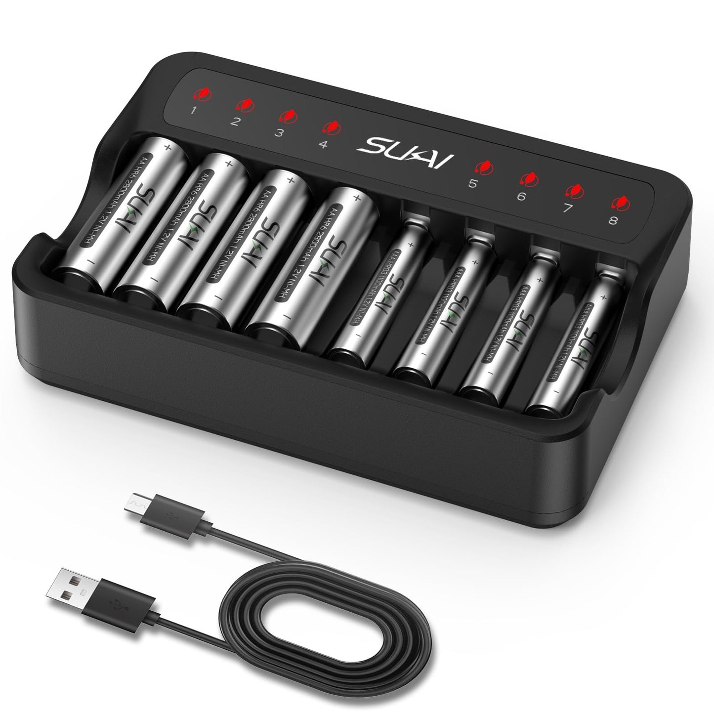 SUKAI 8-Bay Smart Battery Charger with Batteries