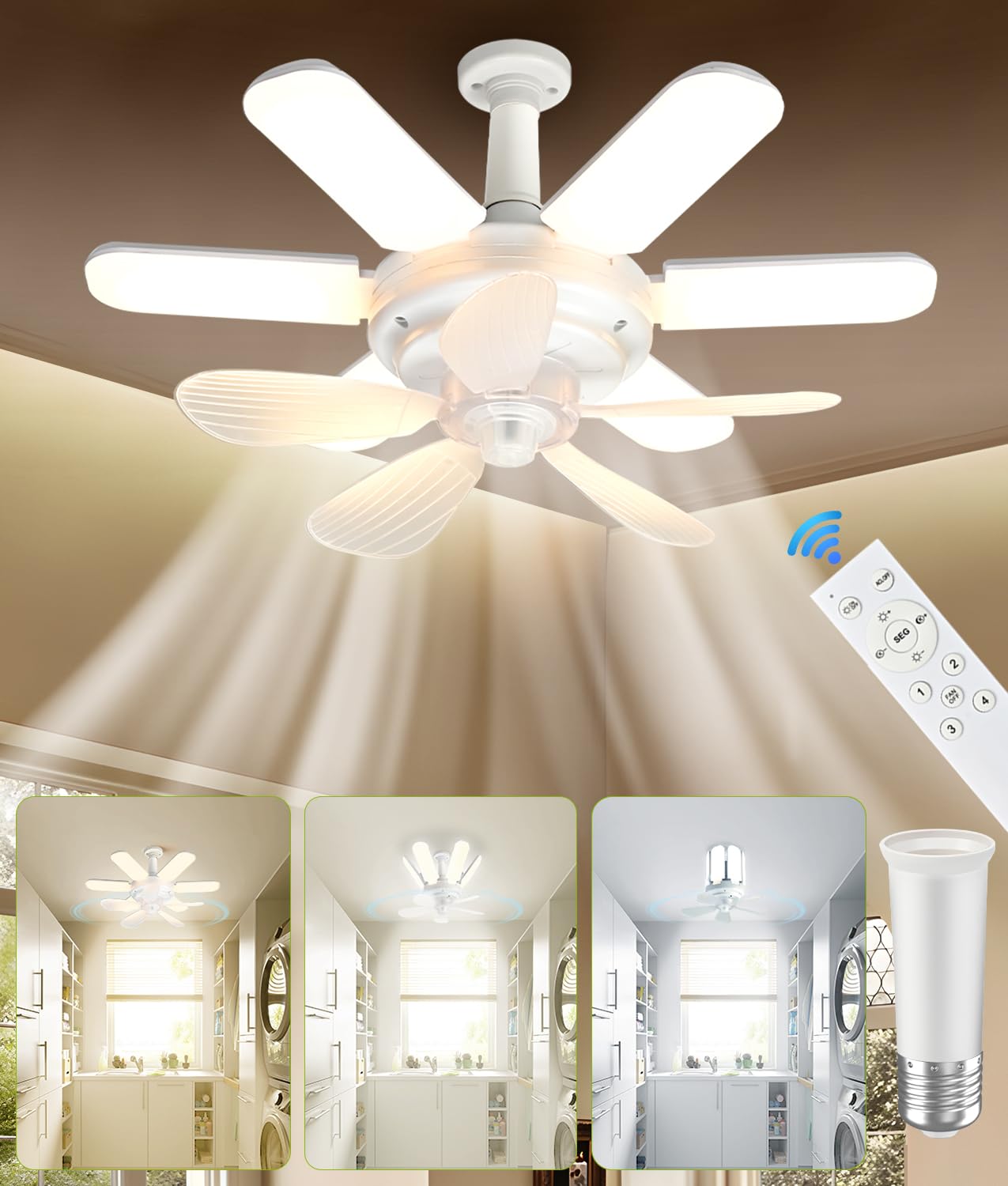 Socket Fan Light, Ceiling Fans with Lights and Remote - Dimmable LED Ceiling Fans with Lights,360°Super Brighter Foldable Socket Fan,3 Colors 3500K-6500K,E27 Screw in Ceiling Fan for Bedroom Garage