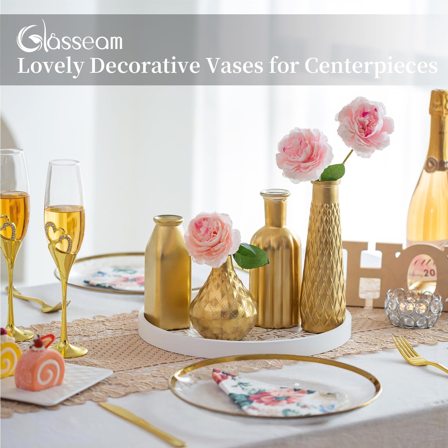 Glasseam Gold Glass Vase, 8pcs Cylindrical Home Decor, Antique Art Deco Style, Holds Water, Gold Electroplating Finish, Living Room Kitchen Bathroom Bedroom Decor, Table Centerpieces