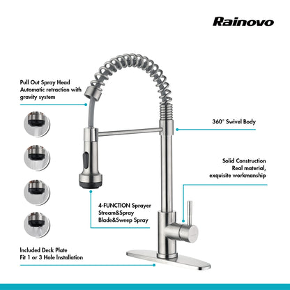 Rainovo Kitchen Faucet Brushed Nickel with 4 Mode Pull Down Sprayer, Kitchen Spring Faucet Stainless Steel with Duo-aquablade Function, Single Handle faucets High Arc Modern with Pull Out Sprayer
