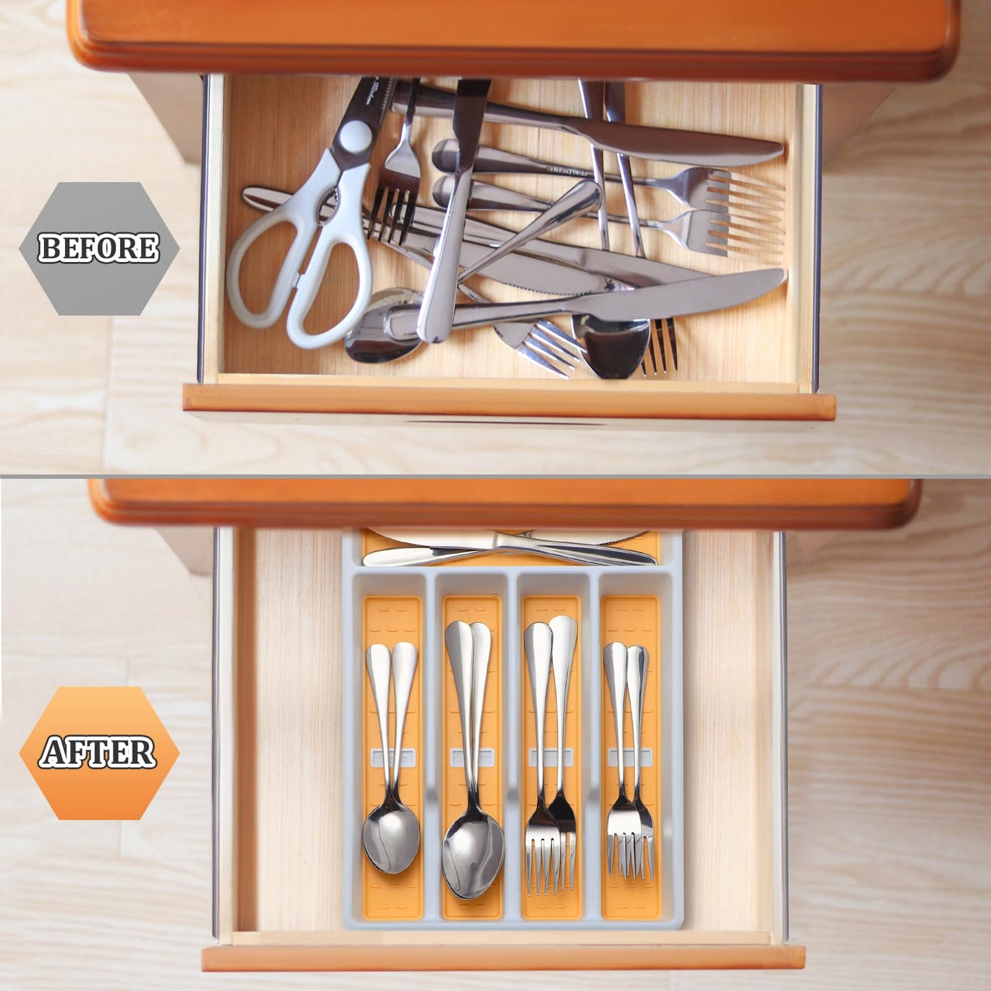 CherHome Silverware Organizer with Cutlery Icons，Silverware Tray for Kitchen Drawer，Plastic Flatware Tableware Silverware Drawer Organizer Utensil Organizer with Non-slip TPR Linings，5-Compartment
