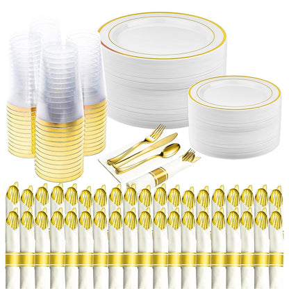 Prestee 350-piece Disposable Party Dinnerware Set for 50 Guests - Gold Dinnerware Sets Disposable with Plates, Cups, Knives, Forks, Spoons - Elegant Reusable Wedding Reception and Events Supplies