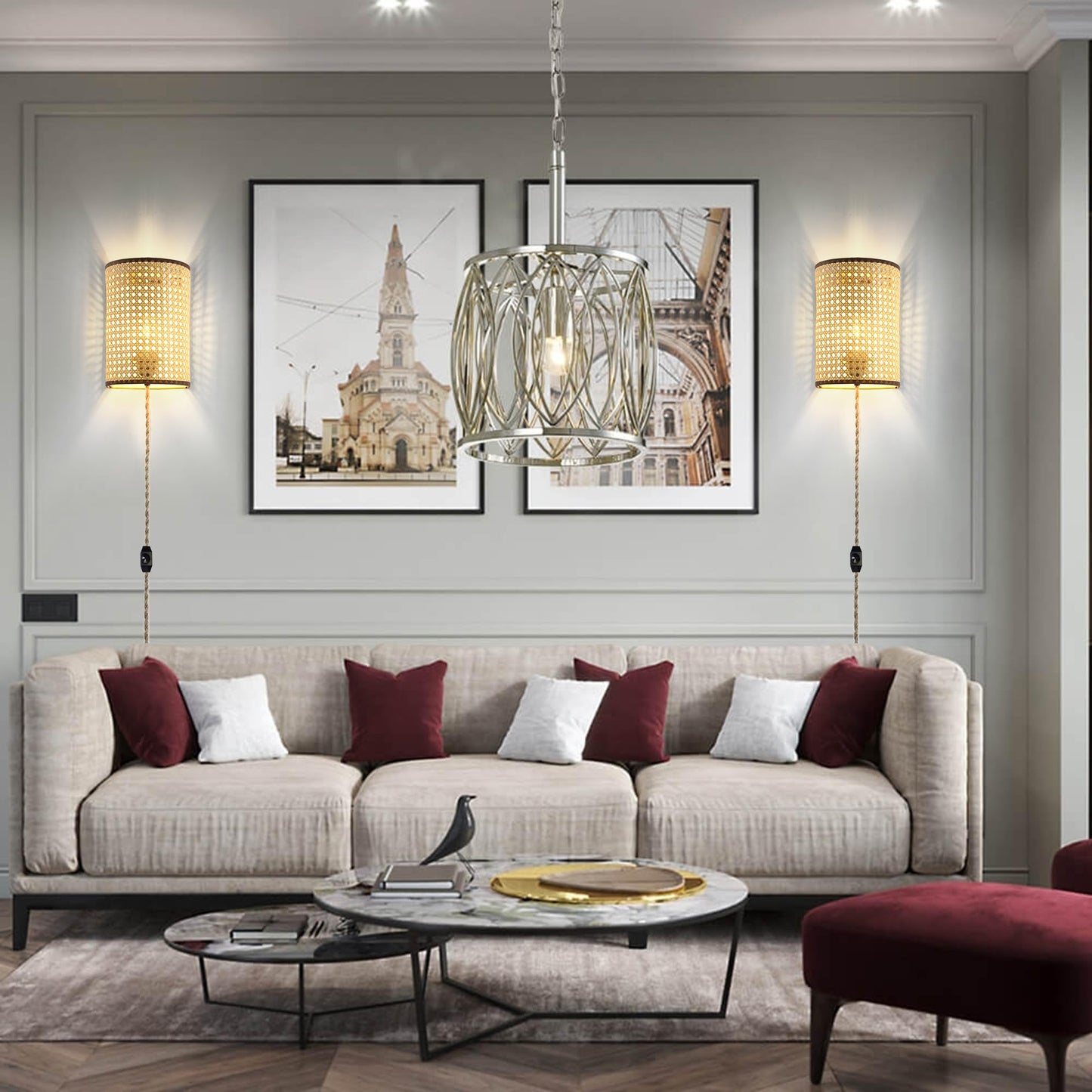 XININSUN Wall Sconces Set of Two, Plug in Wall Sconces,Rattan Lampshade,Wall Lamp with Plug in Cord and Dimmable Switch,Wall Lights Fixtures for Bedroom Living Room Hallway.