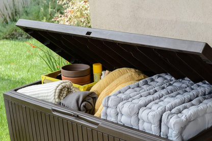 Keter Springwood 80 Gallon Resin Outdoor Storage Box for Patio Furniture Cushions, Pool Toys, and Garden Tools with Handles, Brown