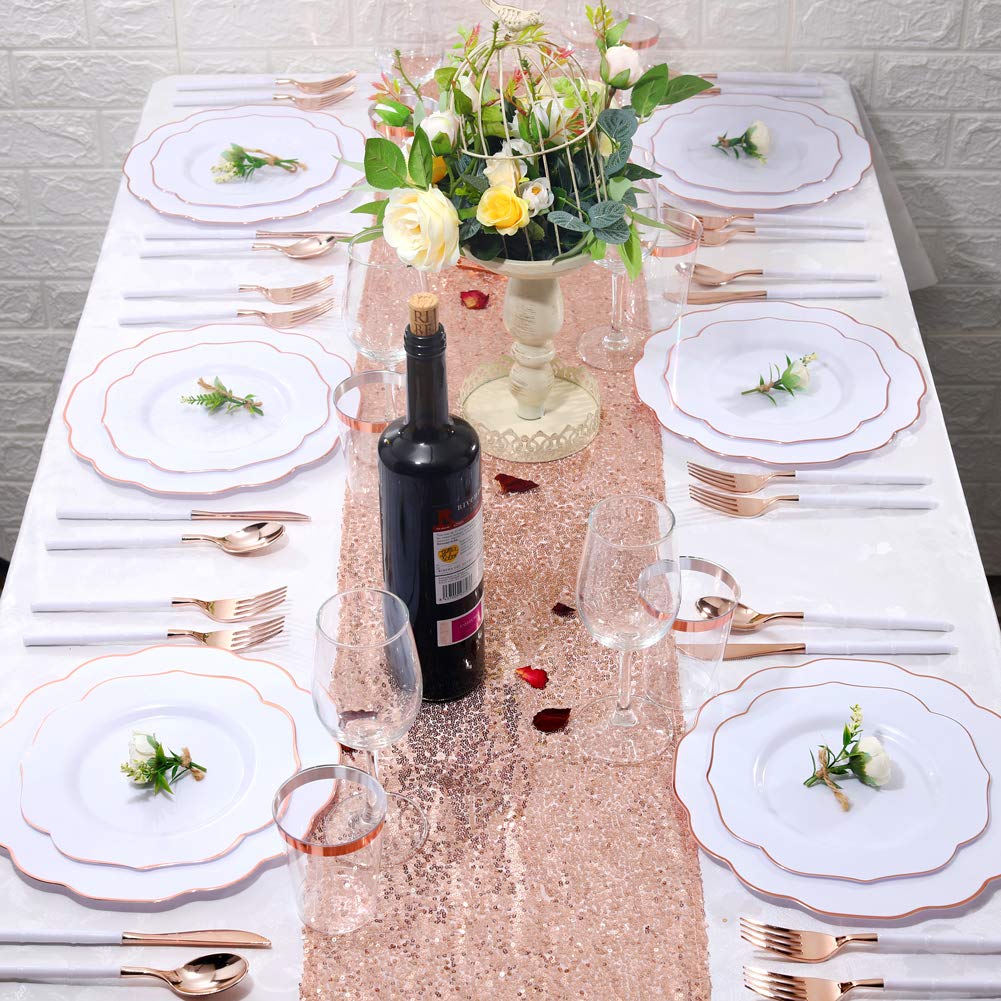 BUCLA 30Guest White And Rose Gold Plastic Plates With Rose Gold Plastic Silverware& Disposable Plastic Cups- Rose Gold Rim Plastic Dinnerware Ideal For Mother's Day, Weddings And Parties