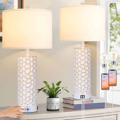 Brightever Table Lamp for Living Room - Touch Lamps Set of 2 with Dual USB Charging Ports, 3-Way Dimmable Farmhouse Lamps for Nightstands, Rustic Bedside Lamp for End Tables, 2 A19 LED Bulbs Included