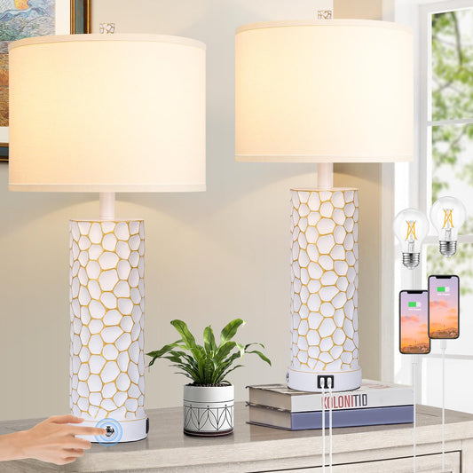 Brightever Table Lamp for Living Room - Touch Lamps Set of 2 with Dual USB Charging Ports, 3-Way Dimmable Farmhouse Lamps for Nightstands, Rustic Bedside Lamp for End Tables, 2 A19 LED Bulbs Included