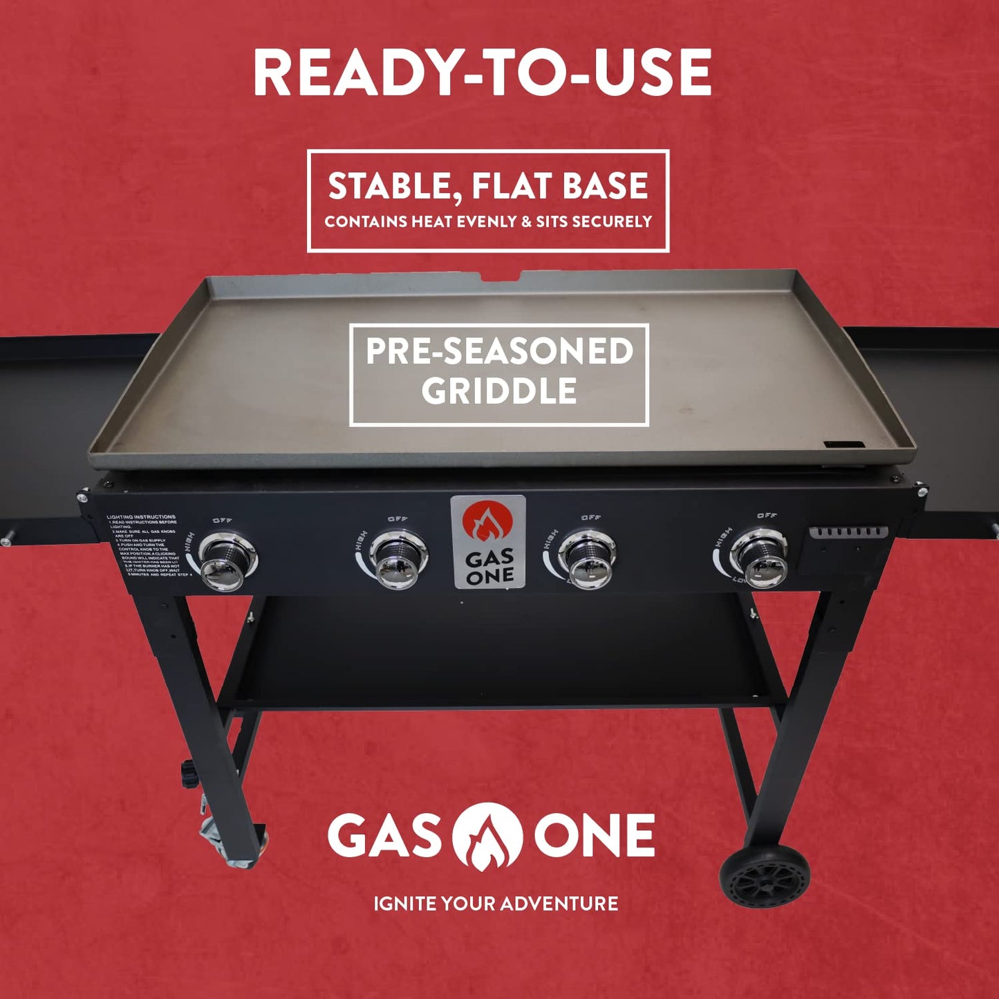 Gas One Propane Burner Grill–36-Inch Flat Top Grill Griddle Cooking Station–Foldable 4 Burner Propane Grill with Pre-Seasoned Griddle–Professional Burners for Outdoor Cooking with Side Shelves, Black
