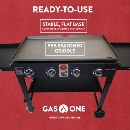 Gas One Propane Burner Grill–36-Inch Flat Top Grill Griddle Cooking Station–Foldable 4 Burner Propane Grill with Pre-Seasoned Griddle–Professional Burners for Outdoor Cooking with Side Shelves, Black