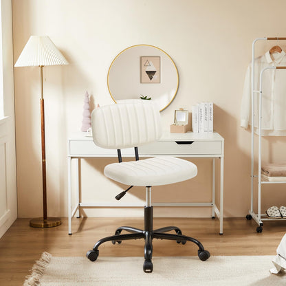 Sweetcrispy Small Desk Chair Armless,Comfortable Office Chair with Wheels, Rolling Task Chair with Low Back Lumbar Support, Vanity Chair for Bedroom Living Room Study Room, PU Leather,Crame White