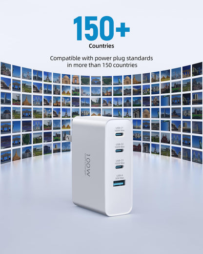 Topadre 100W USB C Travel Charger, 4-Ports Foldable Travel Adapter Plug Converter with UK/EU/AU Plugs,Fast Charging for Macbook Pro/Air,for iPad Pro/iPhone 16/15 Pro Max, for 45w Samsung Galaxy, White