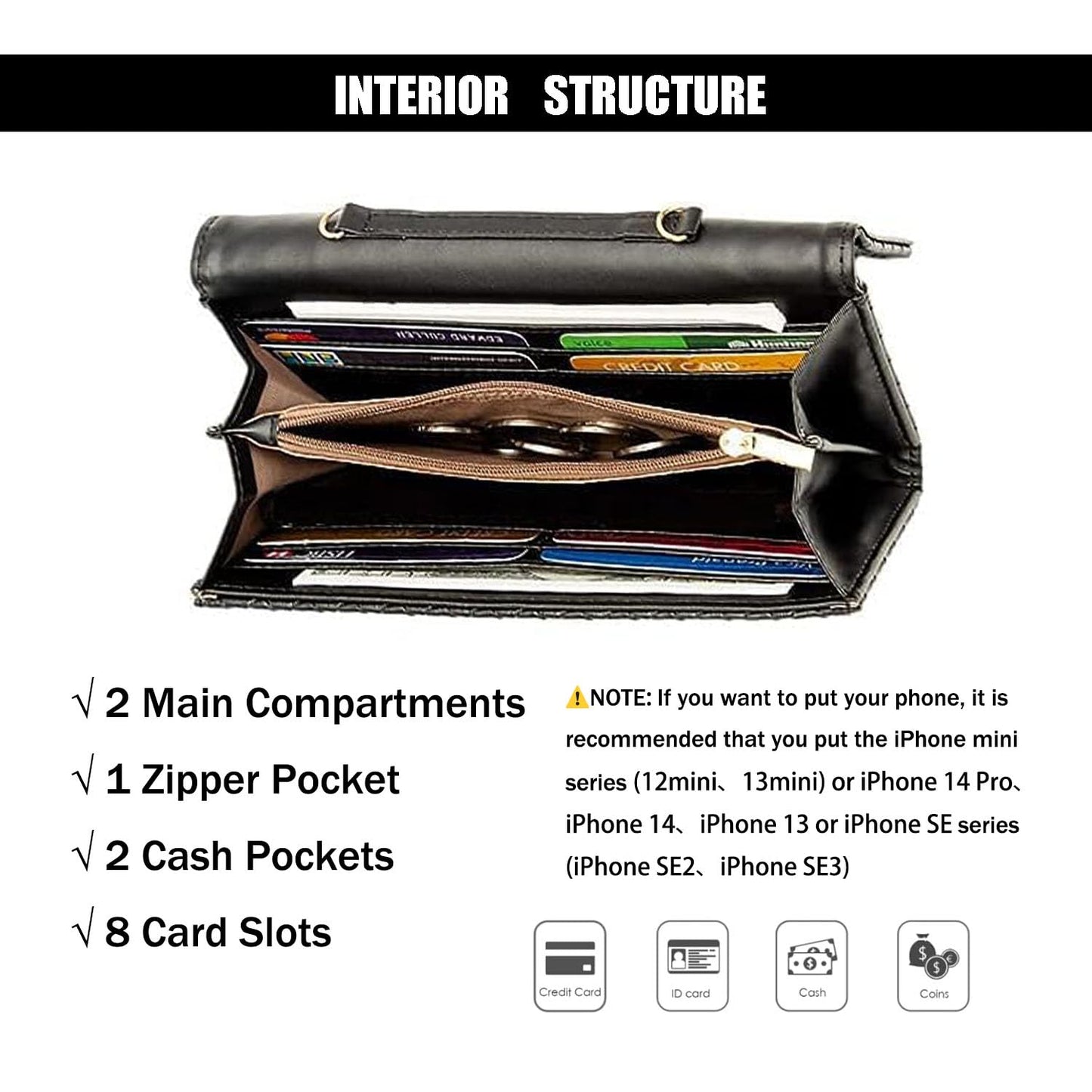 U+U Crossbody Bags for Women, PU Leather Small Shoulder Handbags Wallet Purse with Removebale Chain and Credit Card Slots (Black)