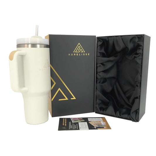 Aurelisse 40 oz Tumbler with Handle Lid and Straw Leak proof Insulated Vacuum Quencher H2.0 Water Bottle Tumblers Reusable Stainless Steel Large Travel Cup Mug Gifts (Cream White)