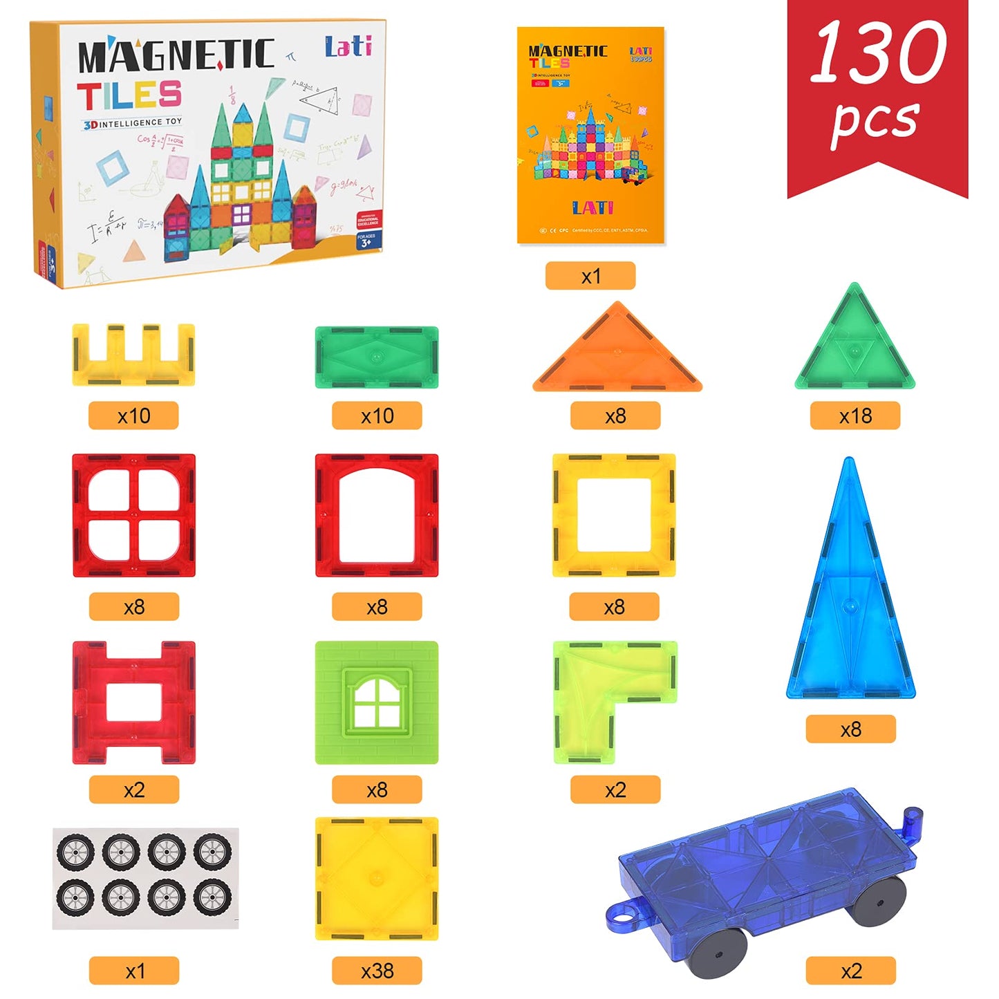 LATI 130 pcs Magnetic Tiles,Large Magnet Building Blocks for Kids STEM Construction Set Clear Imagination Inspirational Educational Toddler Boys Girls Kids Toys for 3 4 5 6 7 8 Years with 2 Cars
