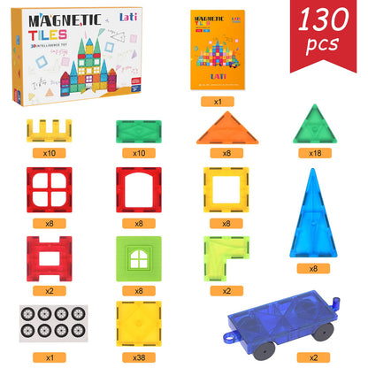 LATI 130 pcs Magnetic Tiles,Large Magnet Building Blocks for Kids STEM Construction Set Clear Imagination Inspirational Educational Toddler Boys Girls Kids Toys for 3 4 5 6 7 8 Years with 2 Cars