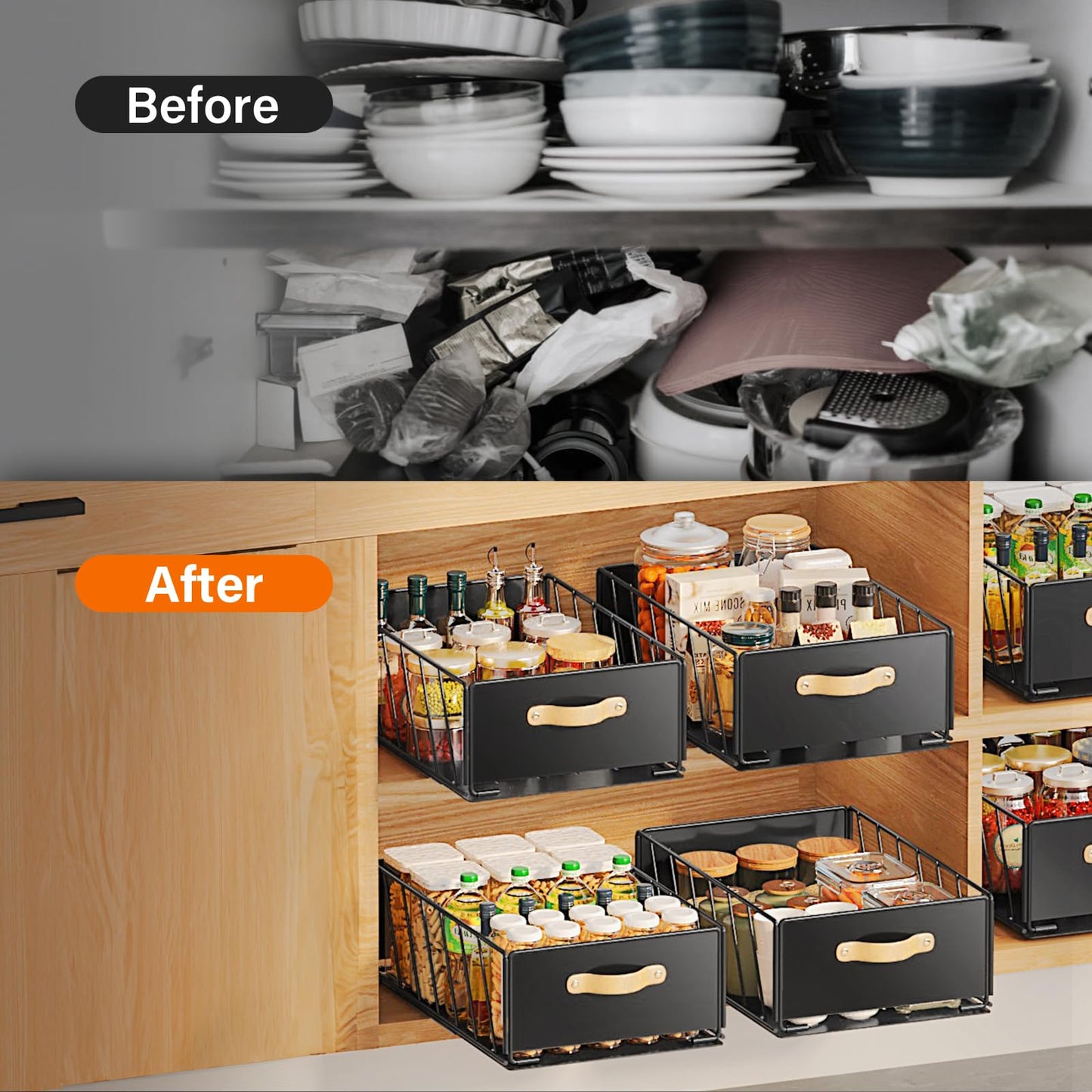 2Pack Pull Out Cabinet Organizer, Slide Out Cabinet Drawers Fixed with Adhesive Film, Cabinet Shelves Storage Organization, Heavy Duty Pantry Shelves Sturdy Drawer Storage for Kitchen Bathroom