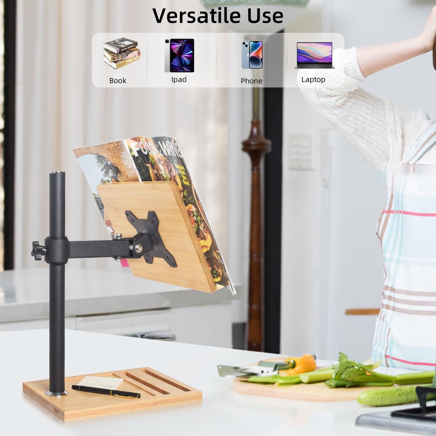 Adjustable Book Stand with Phone Slot & Clips