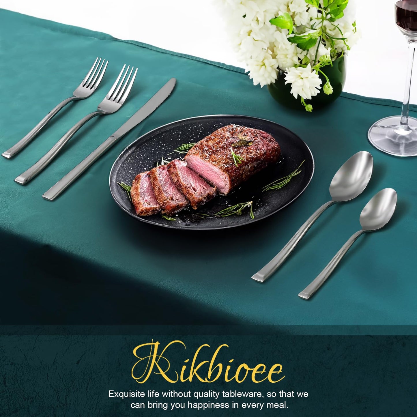 Kikbioee 20-Piece Silverware Set, Forged Stainless Steel Cutlery Set, Bevel Handle Flatware Set, Modern Mirror| Dishwasher Safe| Service for 4