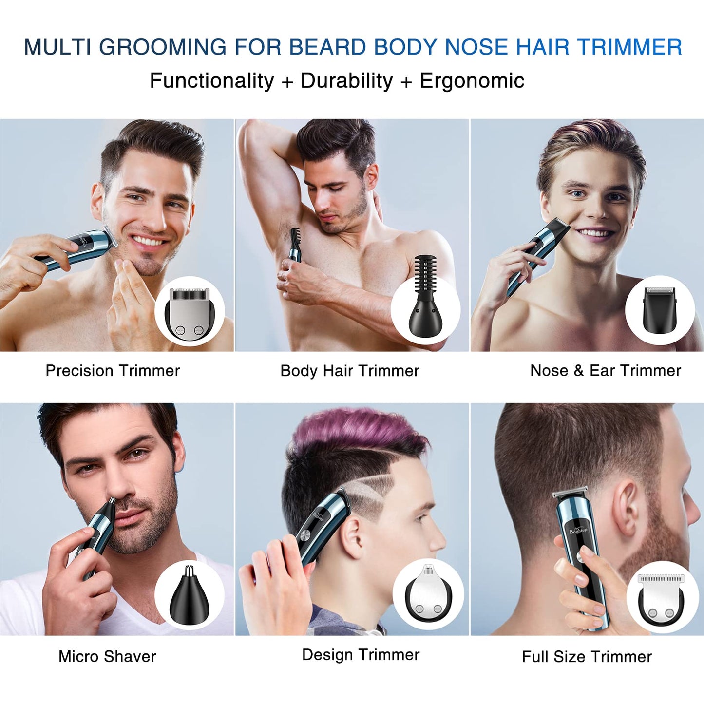 Brightup Beard Trimmer for Men, IPX7 Waterproof Mens Grooming Kit with Cordless Hair Clippers, Electric Razor with LED Display, Shavers for Mustache, Body, Face, Ear, Nose Hair Trimmer, Gifts for Men