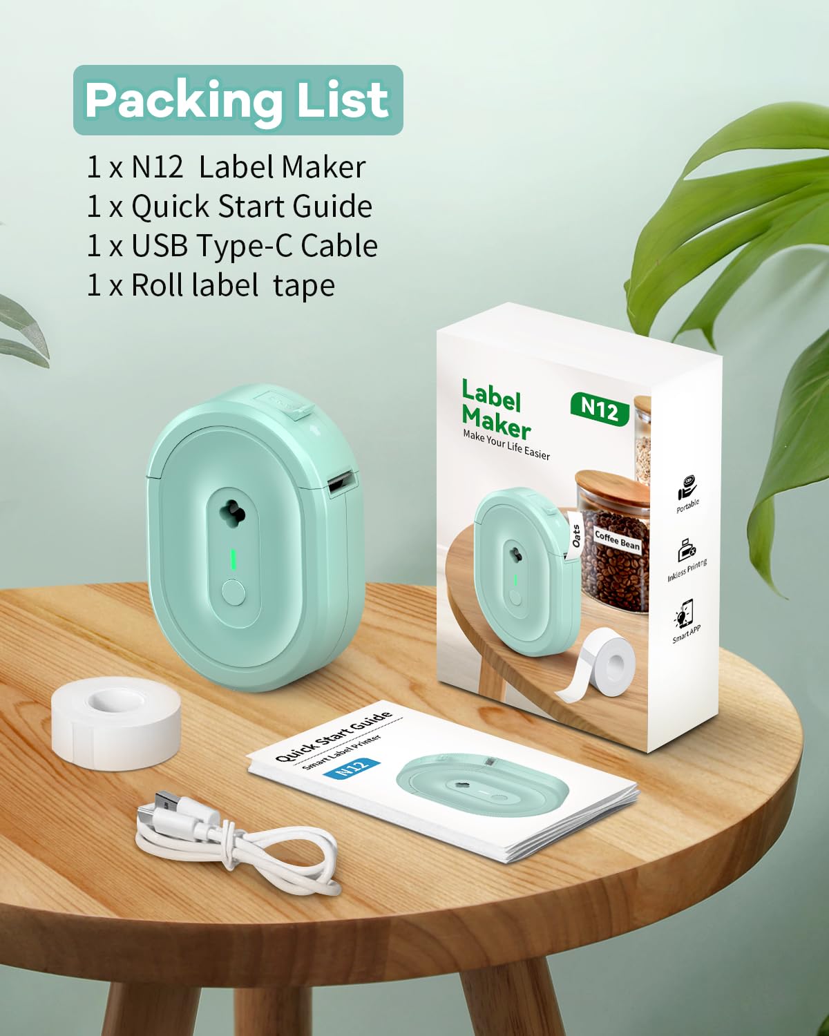 NDYIN Label Maker Machine with Tape, N12 Portable Bluetooth Label Printer, Wireless Mini Label Makers Thermal Sticker with Multiple Templates for Home, Kitchen, School, Office Organization, Green