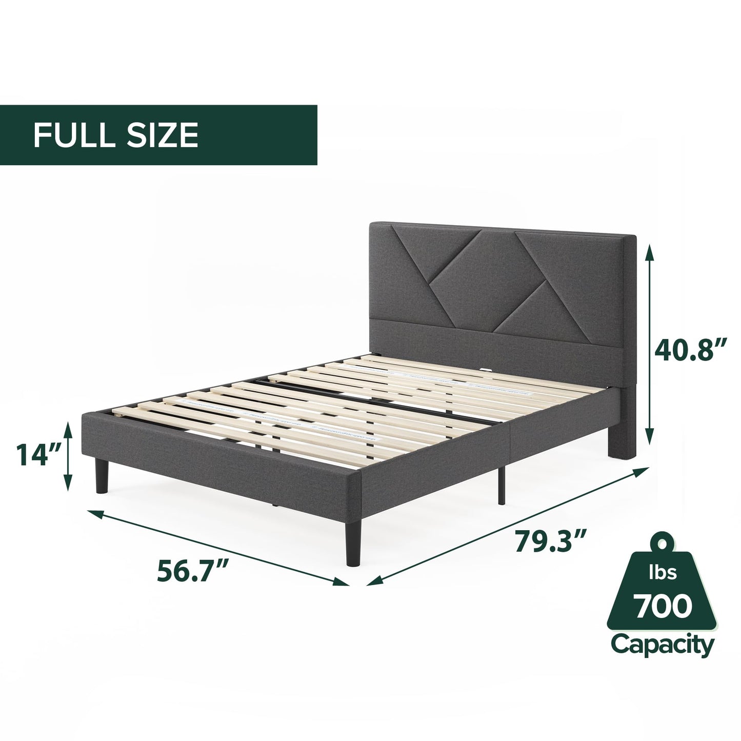 Zinus Judy Upholstered Platform Bed Frame, Mattress Foundation, Wood Slat Support, No Box Spring Needed, Eco Friendly WonderBox (TM), Easy Assembly, Dark Grey, Full