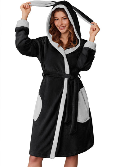 Ekouaer Plush Robes for Women Hooded Knee Length Bathrobe Flannel Fleece Lounge Robe with Pockets Black Medium