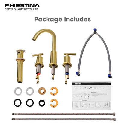 Phiestina Brushed Gold Bathroom Sink Faucet, Widespread 8 Inch 3 Hole Rotatable 360 Degree Modern Bathroom Faucet, with Pop Up Drain and Water Supply Line, WF03-1-BG