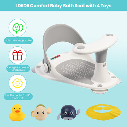 Baby Bath Seat LDIIDII Baby Bathtub Seat Infant Bath Seat for Babies 6 Months&Up Sit Up Bathing in Tub,Toddler Bath Seat with Water Thermometer/4 Strong Suction Cup/3 Bath Toys/Shower Cap (Grey)