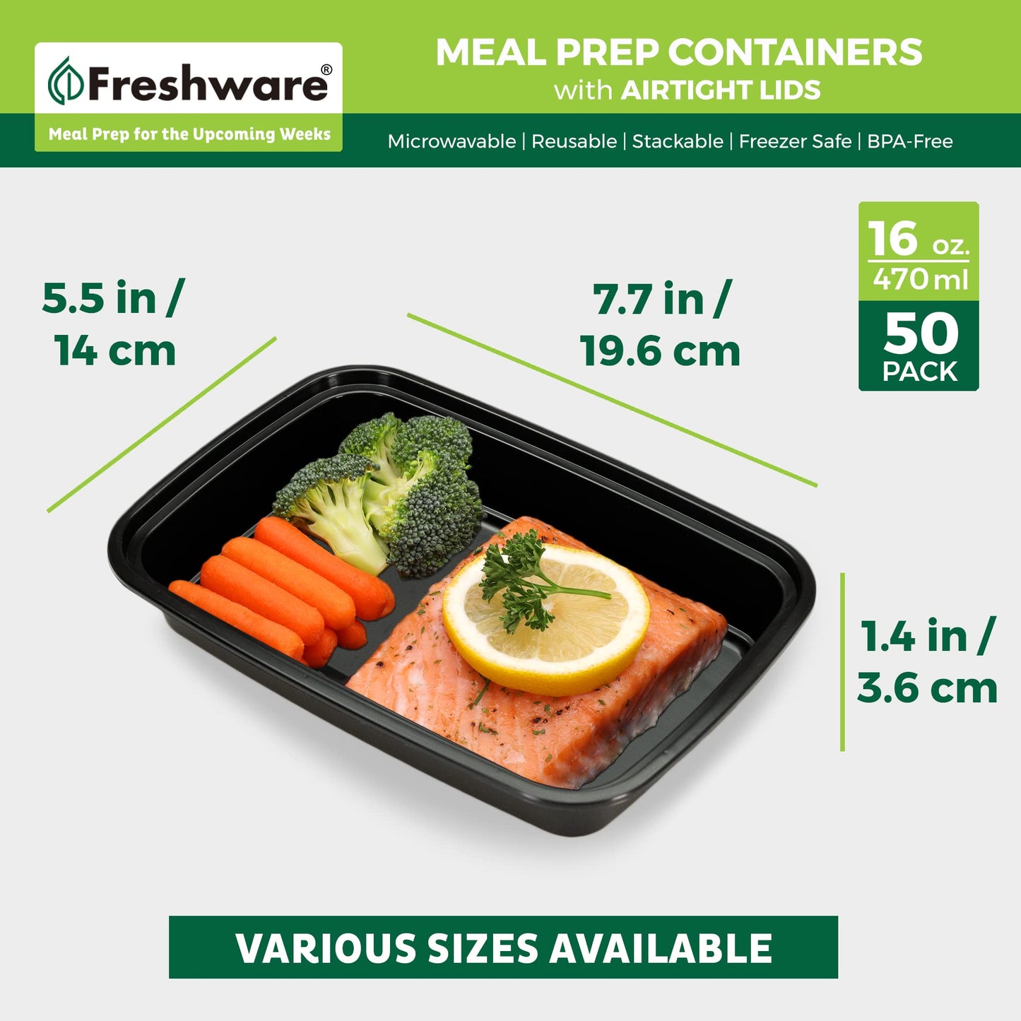 Freshware Meal Prep Containers [50 Pack] 1 Compartment Food Storage Containers with Lids, Bento Box, BPA Free, Stackable, Microwave/Dishwasher/Freezer Safe (16 oz)