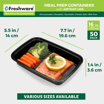 Freshware Meal Prep Containers [50 Pack] 1 Compartment Food Storage Containers with Lids, Bento Box, BPA Free, Stackable, Microwave/Dishwasher/Freezer Safe (16 oz)