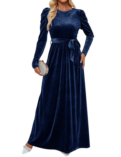 ZESICA Women's Velvet Maxi Dress Long Puff Sleeve Crew Neck Elastic High Waist Cocktail Party Bridesmaid Dresses,Navy,X-Large