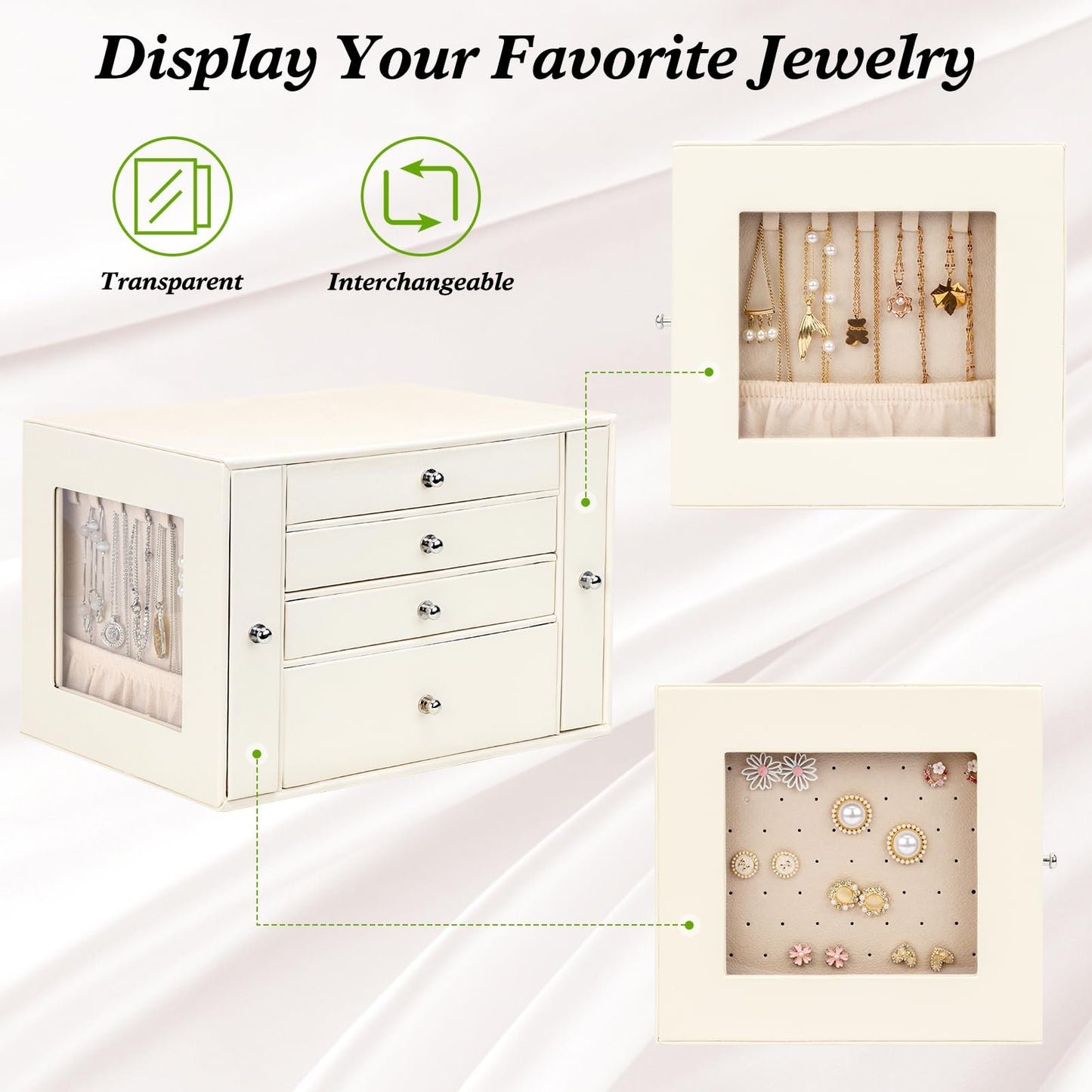 DesignSter Jewelry Organizer Box, 4 Layers Leather Jewelry Organizer, Large Jewelry Box with Visible Side Drawers, Jewelry Storage Case For Necklaces Earrings Rings Bracelets Watches (Beige)