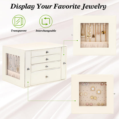 DesignSter Jewelry Organizer Box, 4 Layers Leather Jewelry Organizer, Large Jewelry Box with Visible Side Drawers, Jewelry Storage Case For Necklaces Earrings Rings Bracelets Watches (Beige)