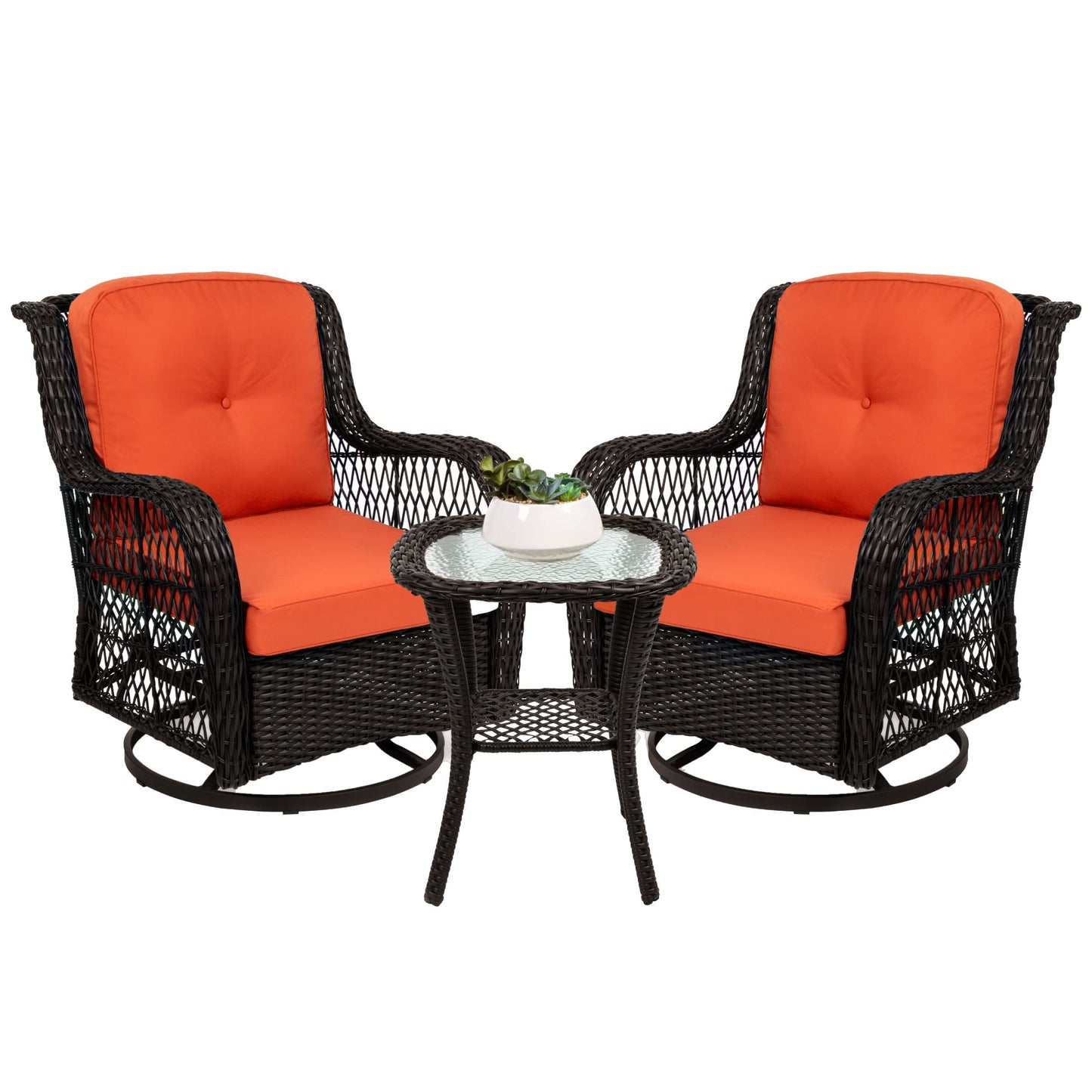 Best Choice Products 3-Piece Outdoor Wicker Patio Bistro Set w/ 2 360-Degree Swivel Rocking Chairs and Tempered Glass Top Side Table - Rust