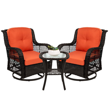 Best Choice Products 3-Piece Outdoor Wicker Patio Bistro Set w/ 2 360-Degree Swivel Rocking Chairs and Tempered Glass Top Side Table - Rust