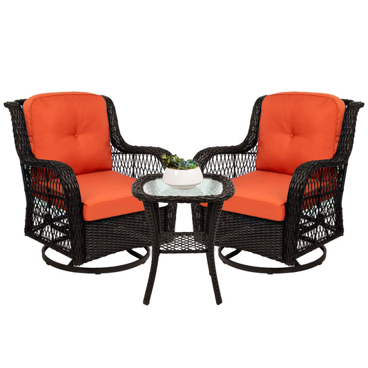 Best Choice Products 3-Piece Outdoor Wicker Patio Bistro Set w/ 2 360-Degree Swivel Rocking Chairs and Tempered Glass Top Side Table - Rust