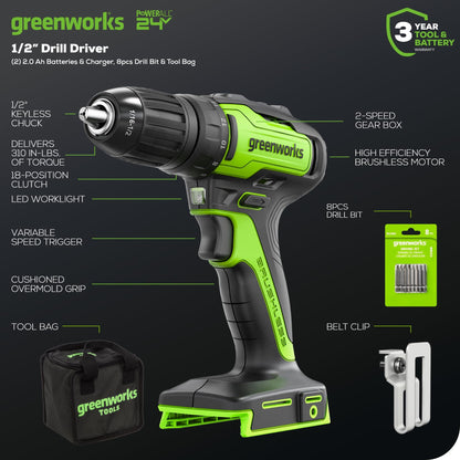 Greenworks Cordless Drill Kit with Batteries & Bits