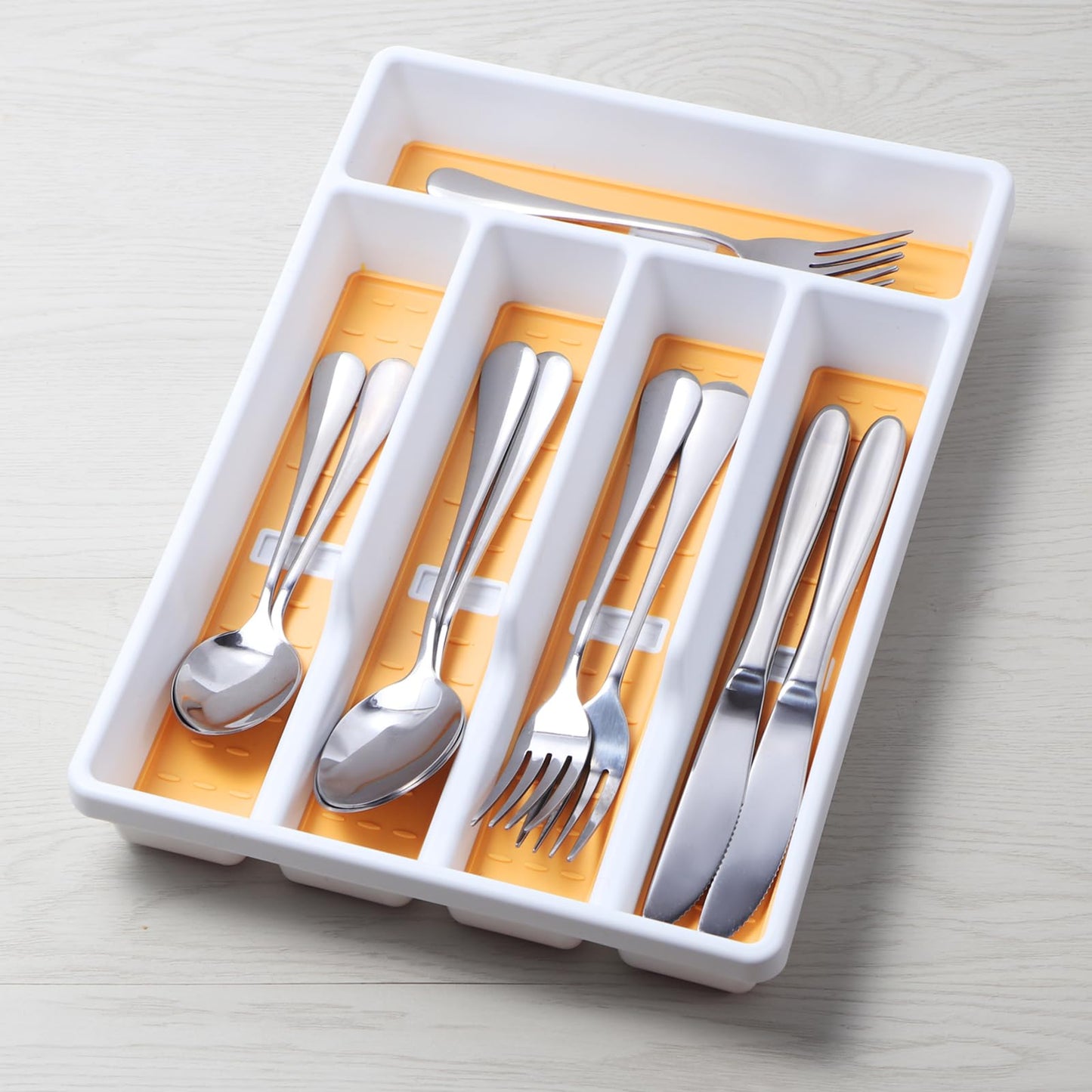 CherHome Silverware Organizer with Cutlery Icons，Silverware Tray for Kitchen Drawer，Plastic Flatware Tableware Silverware Drawer Organizer Utensil Organizer with Non-slip TPR Linings，5-Compartment