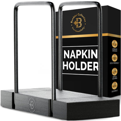 Napkin Holder for Table - Black Napkin Holder, Modern Napkin Holders for Paper Napkins, Bamboo and Iron Design, Non-Slip Napkin Holder for Kitchen, Restaurant, Farmhouse, Outdoor Use - by Bambüsi