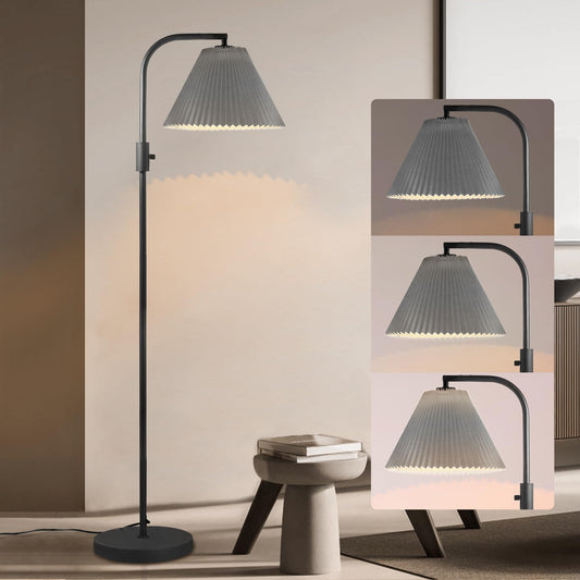 COFF Dimmable Floor Lamp, Arc Standing Lamp with 1000 Lumens LED Edison Bulb Included, Pleated Shade Modern Tall Pole Lamp for Living Room, Bedroom, Office, Color Gray